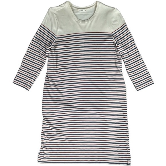 Marine Layer size small cream mini dress blue & red stripes 3/4 sleeve & pockets - Picture 5 of 16